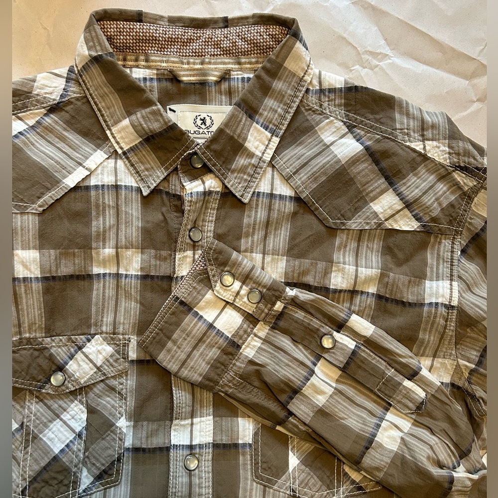 Bugatchi Western Shirt Mens L Shaped Fit Plaid Pearl Snap Cowboy Rodeo flip cuff